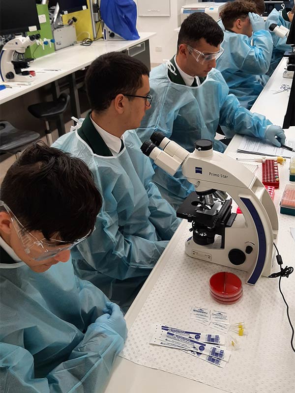 Parramatta Marist Westmead students in protective gear looking through a microscope at the School of Medical Sciences, University of Sydney