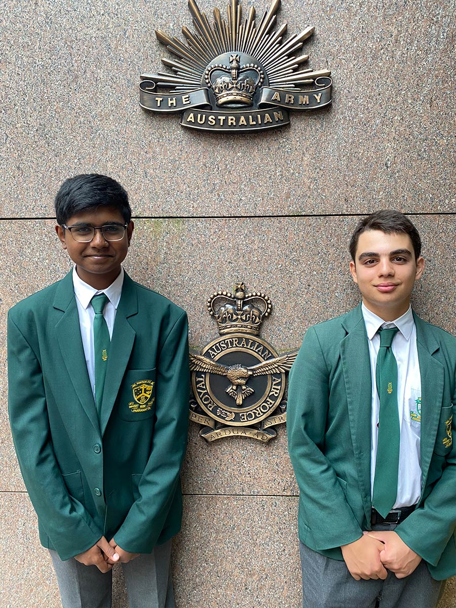 Two Parramatta Marist Westmead students infront of the ANZAC Memorial in Hyde Park