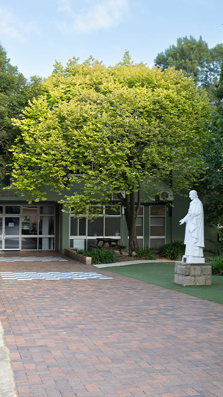 Parramatta Marist Westmead school grounds. There is a statue of Marcellin Champagnat amongst an outdoor area.